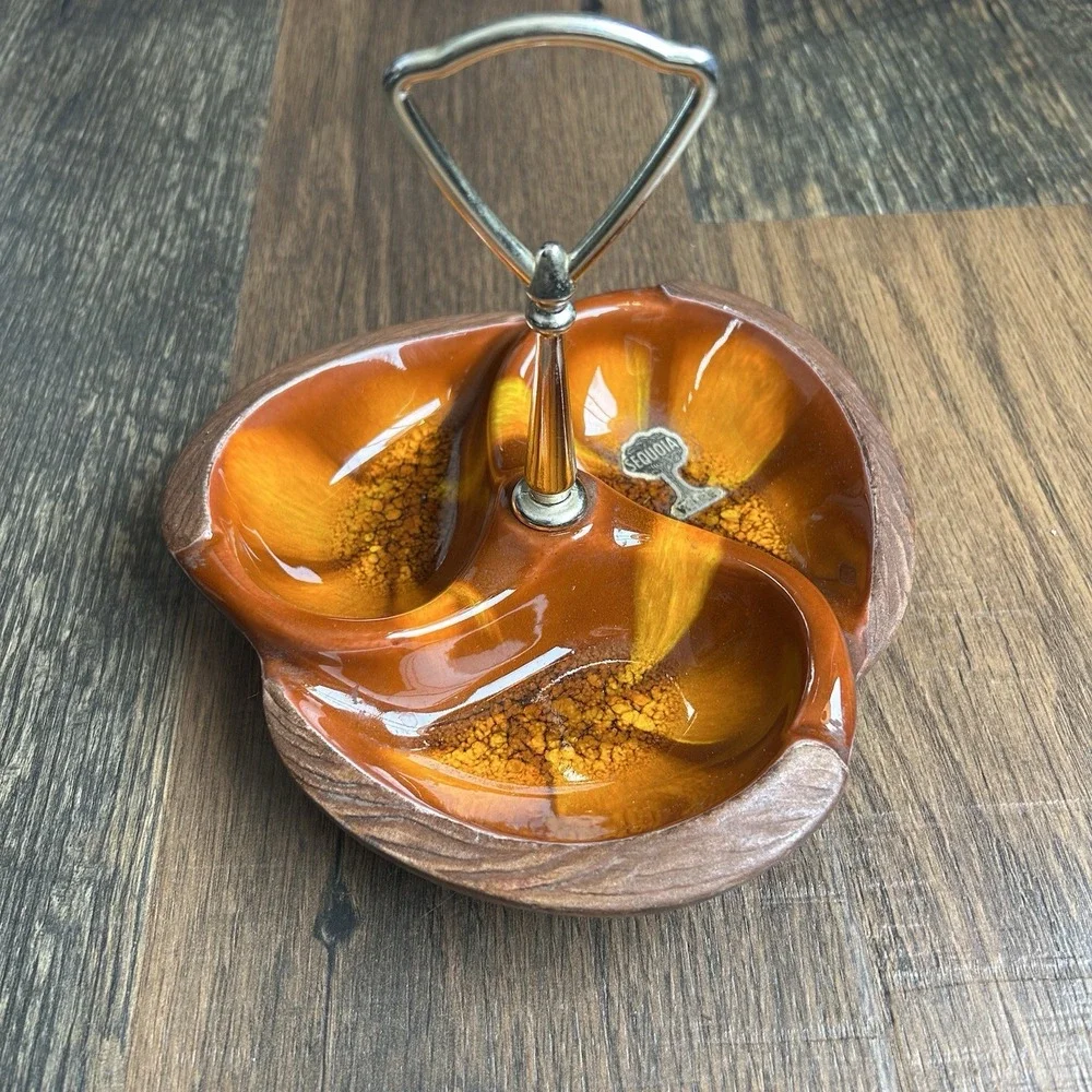 Vintage MCM Sequoia Ware Orange Drip 3 Section Nut Candy Dish #618